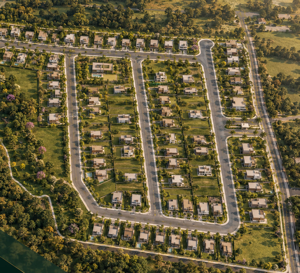Perspectiva aérea de loteamento residencial de alto padrão com residências contemporâneas e ruas arborizadas